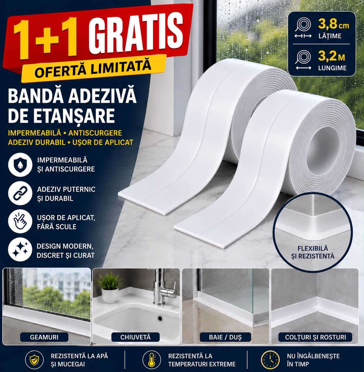 1+1 GRATIS | Bandă Adezivă Etanșantă Premium pentru Baie și Bucătărie – Oprește Infiltrațiile de Apă în 5 Minute | Albă | 38mm x 3.2m