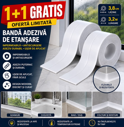 1+1 GRATIS | Bandă Adezivă Etanșantă Premium pentru Baie și Bucătărie – Oprește Infiltrațiile de Apă în 5 Minute | Albă | 38mm x 3.2m