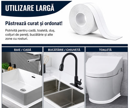 1+1 GRATIS | Bandă Adezivă Etanșantă Premium pentru Baie și Bucătărie – Oprește Infiltrațiile de Apă în 5 Minute | Albă | 38mm x 3.2m