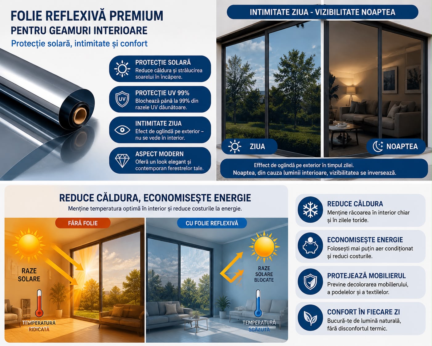 1+1 GRATIS | Folie Reflexivă Premium pentru Geamuri – Efect de Oglindă, Protecție Solară UV și Intimitate în Timpul Zilei